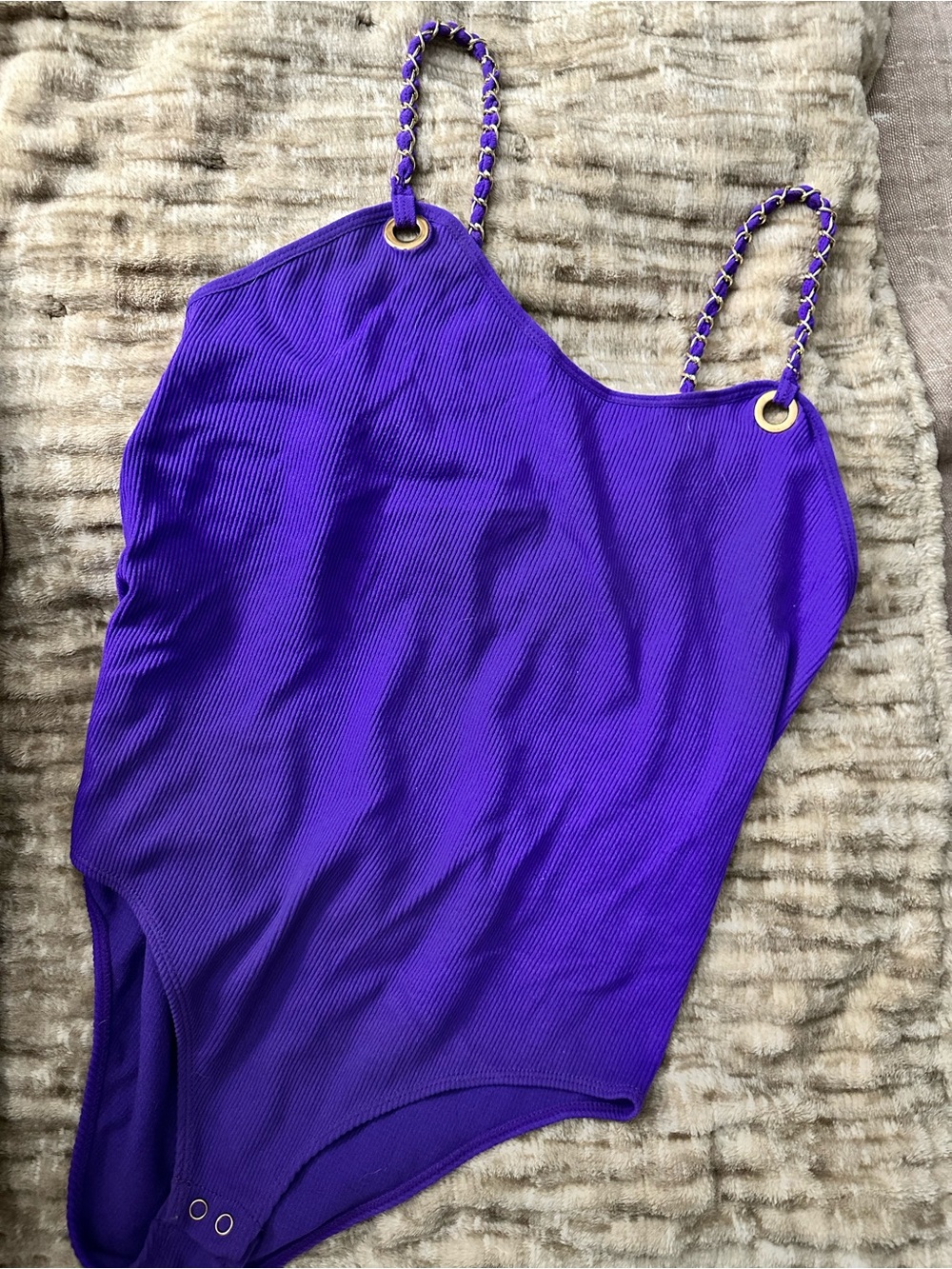 Women’s Ribbed Purple One-Piece Bodysuit with Chain-Strap Detail